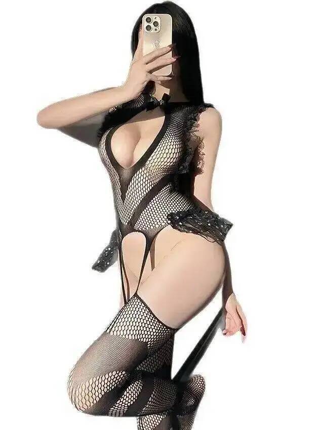 Fishnet Stocking Women - ชุดบอดี้สูทตาข่ายแต่งลูกไม้เซ็กซี่ โชว์หลังเปลือย โชว์ก้น ชุดบอดี้สูทผู้หญิง ดีไซน์เย้ายวน 8JAS