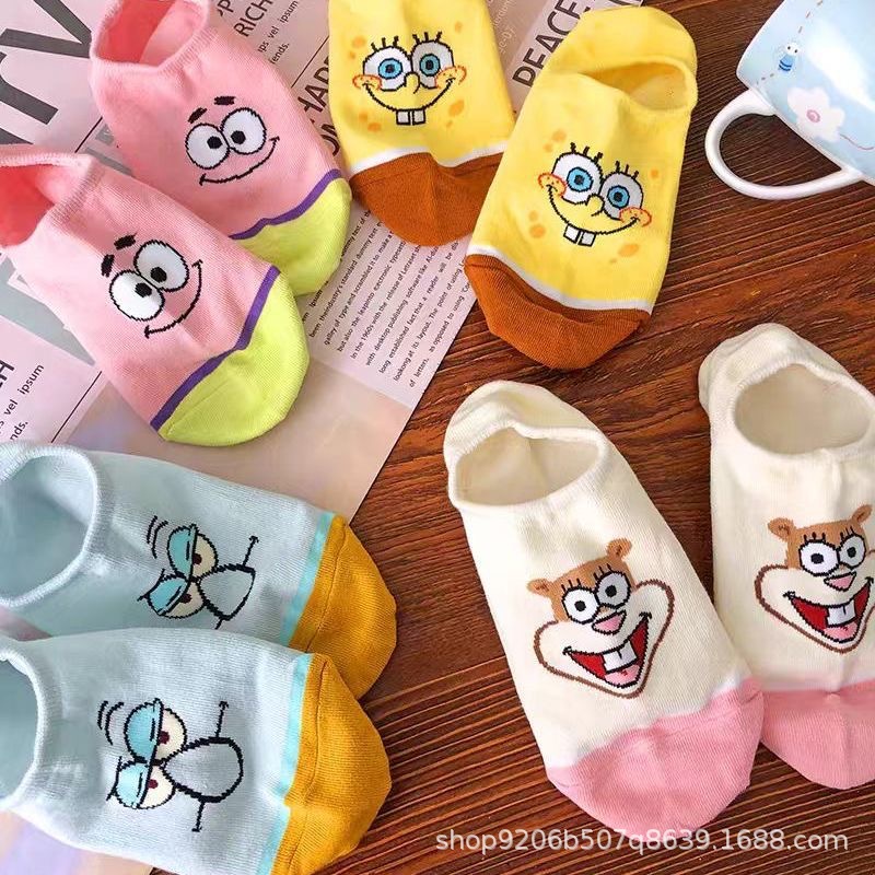 Invisibility Sock Loafer - ถุงเท้าลายการ์ตูนสปองจ์บ็อบ สแควร์แพนท์ส 4 คู่ น่ารัก ใส่สบาย