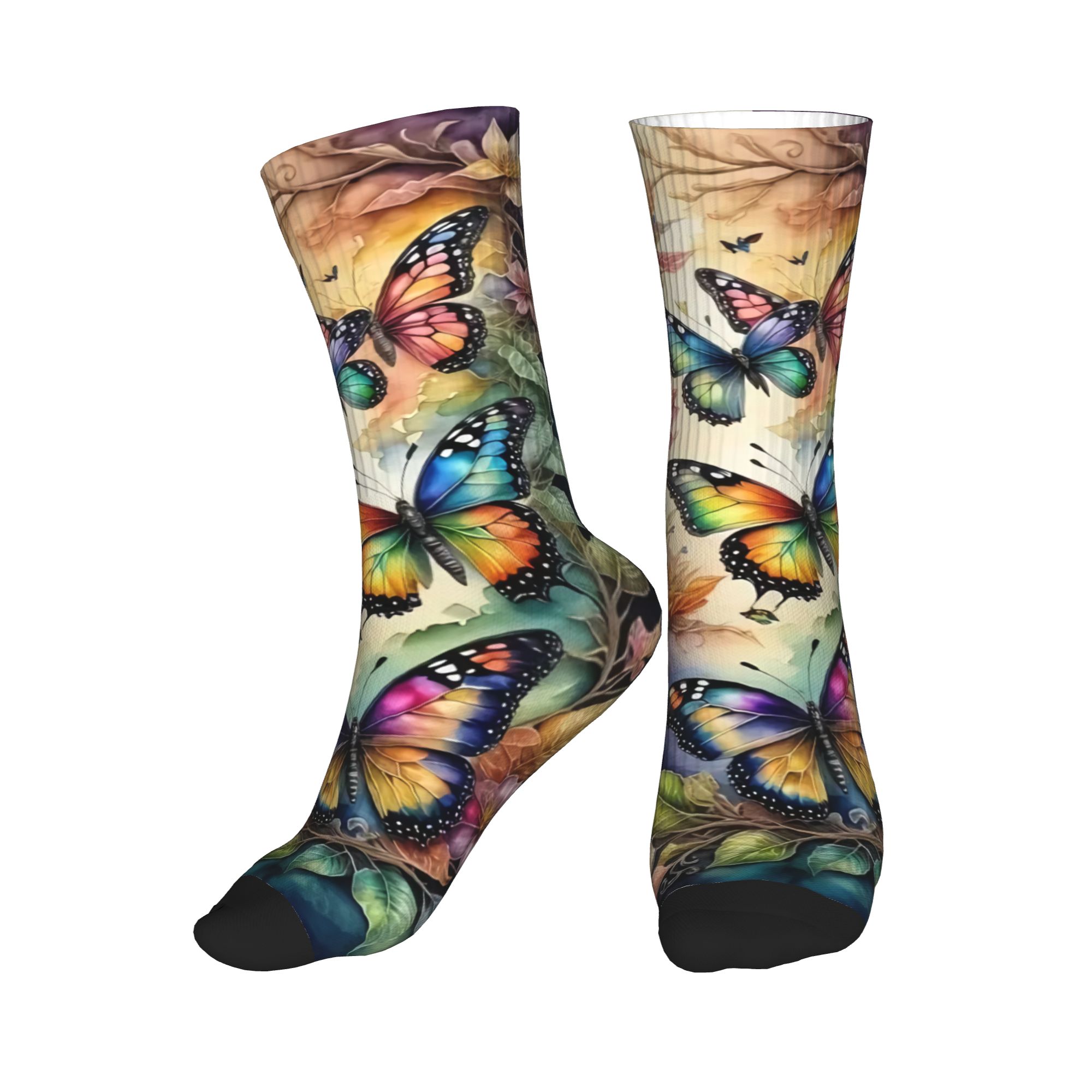 Dress Sock Men - ผีเสื้อและดอกไม้หลากสี ถุงเท้าสำหรับผู้ชายและผู้หญิง ถุงเท้าพิมพ์ลาย 3 มิติสุดเท่
