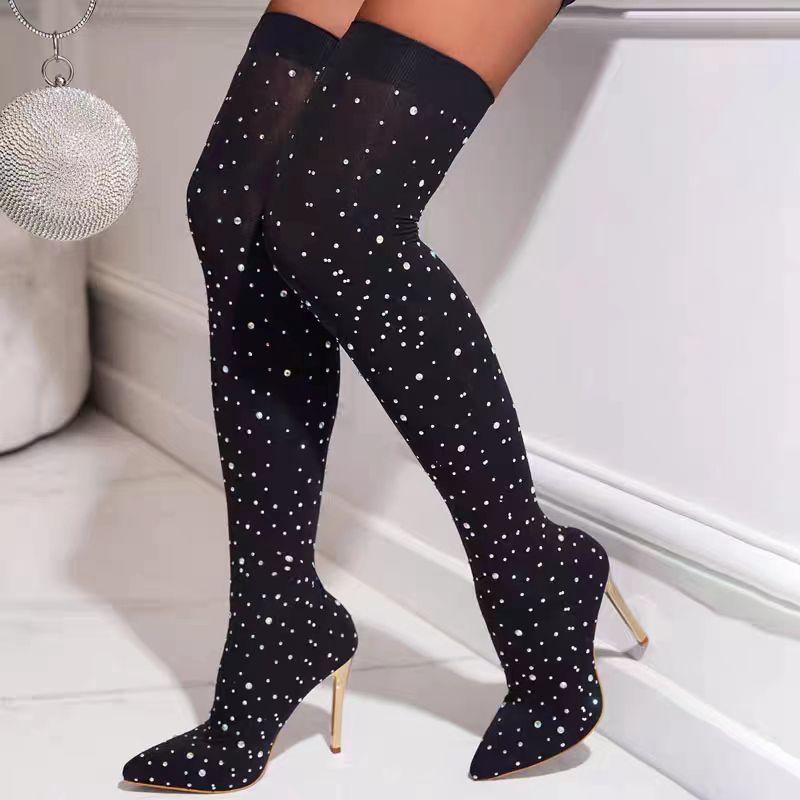 Knee High Sock Women - Rhinestone Slimขายืดถุงเท้ารองเท้าผู้หญิง 2025 ฤดูร้อนฤดูใบไม้ร่วงตาข่ายรองเท้าส้นสูงยาวรองเท้าผู้หญิงPointed Toeกว่าเข่ารองเท้า